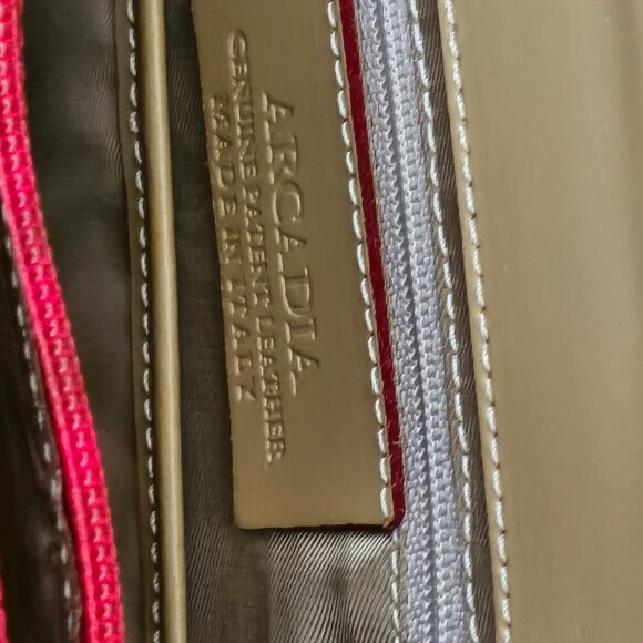 Arcadia Red Logo Embossed Leather Tan Trim Double Handle Tote Bag - Picture 4 of 7